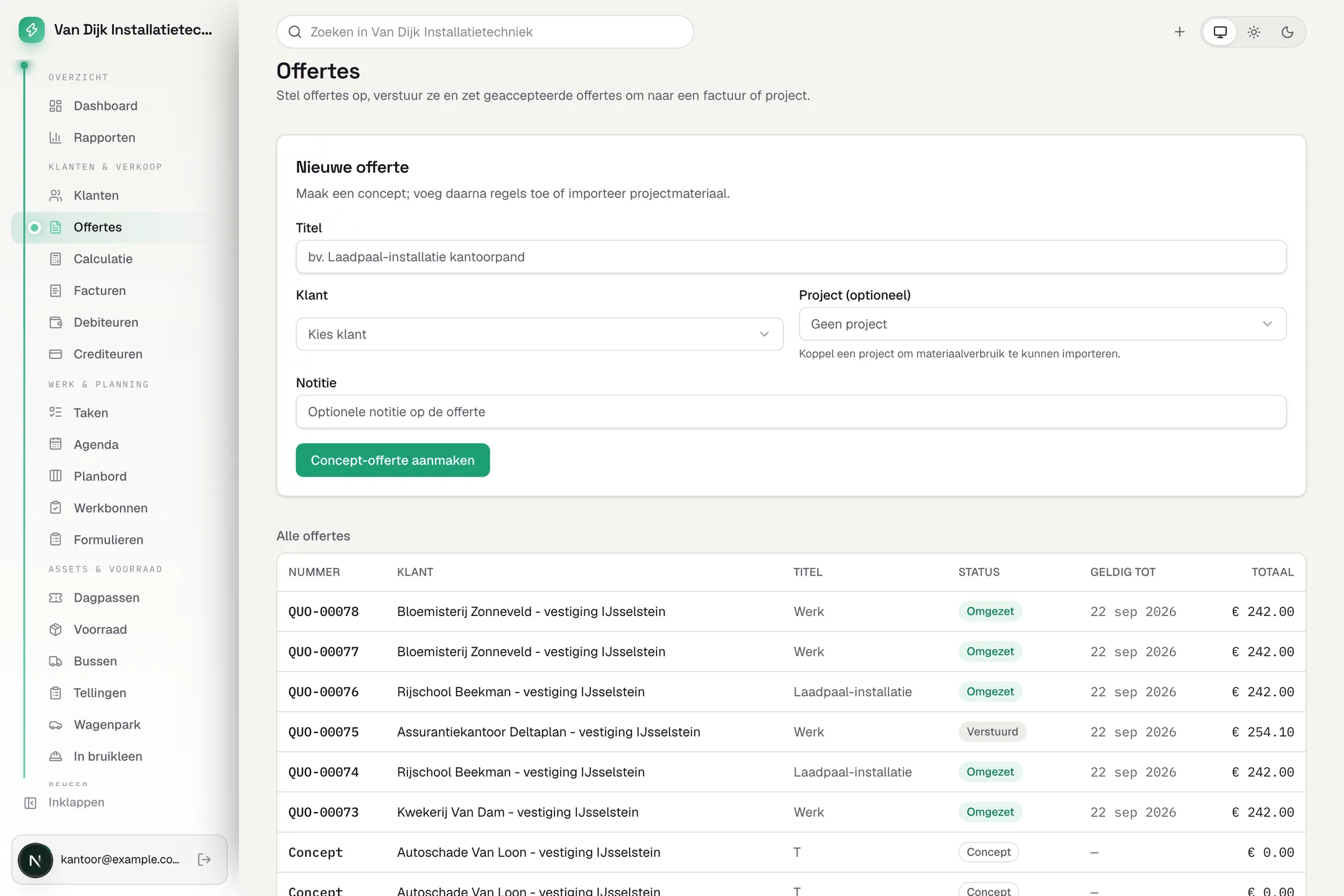Het offerteoverzicht in Veldly met concept-, verstuurde en geaccepteerde offertes.