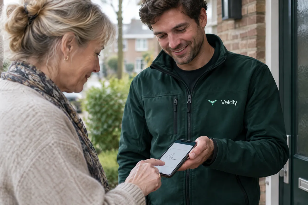 Een klant tekent met haar vinger op de telefoon van de monteur.
