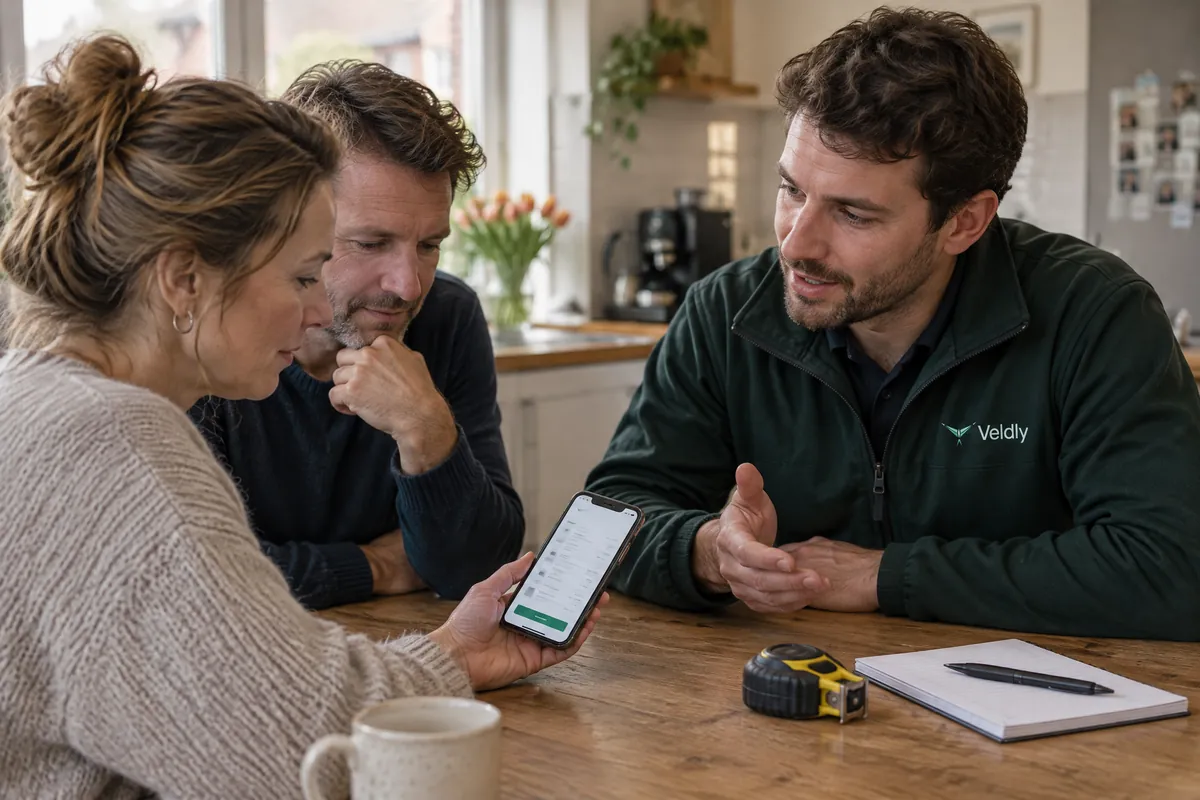 Een stel bekijkt aan de keukentafel een offerte op de telefoon.