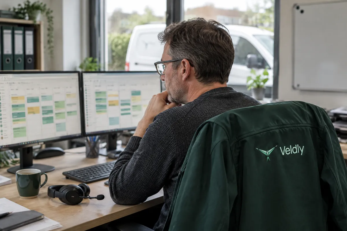 Een planner achter twee schermen met het planbord.