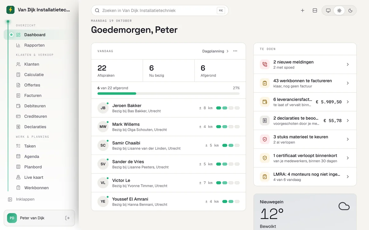 Veldly-dashboard op een laptop of desktop, met het menu aan de zijkant, de dag van vandaag en wat er te doen is