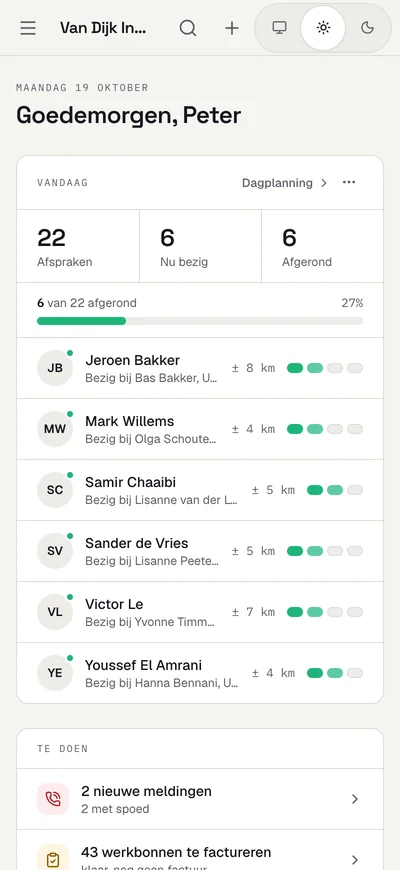 Veldly-dashboard op een telefoon: de cijfers onder elkaar